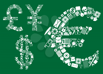 Dollar, euro, pound and yen signs composed with business, financial, banking and corporate icons on green background