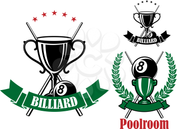 Billiards and pool emblem designs with black and green trophy cups, stars, eight billiards ball and crossed cues, framed by laurel wreath and ribbon banners