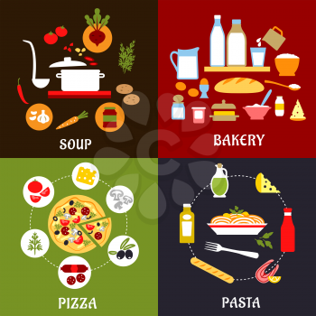 Cooking process of pizza, pasta, soup and bakery with healthy fresh ingredients, vegetables, cheese, fish, sausage, dairy products, sauces and olive oil
