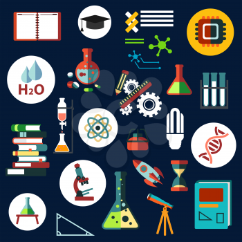 Science and education flat icons with laboratory equipment, books, telescope, microscope, rocket, hourglass, light bulb, atom and dna models, water, notes, gears, processor and graduation cap