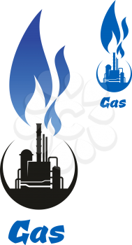 Natural gas processing plant or petroleum refinery black icon with high blue gas flame on the top for oil and gas industry design