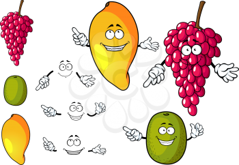 Happy bright fruit cartoon characters with mango, tropical kiwi and bunch of red grape, for natural food or agriculture design