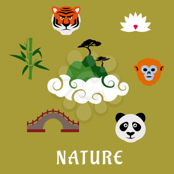 Nature and wildlife of China flat icons of mountain top in clouds with pines, surrounded by panda, tiger, golden snub nosed monkey, lotus flower, ancient bridge and bamboo icons