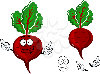 Juicy bright red beetroot vegetable cartoon character with lush green leaves, red stem and streaks for vegetarian food or agriculture design