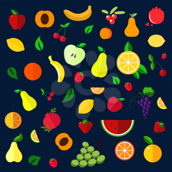 Fruits and berries flat icons with whole and sliced apples, bananas, pears, apricots, pomegranates, lemons, oranges, cherries, grapes, strawberries, cranberries and watermelon