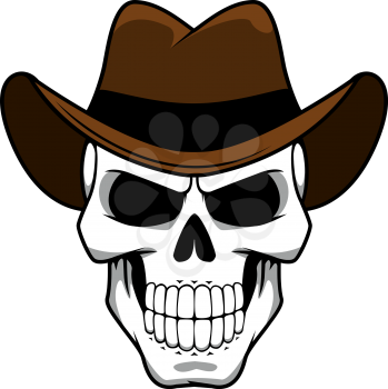 Spooky cowboy skull character with classic brown felt hat in cartoon style for tattoo, halloween party  or t-shirt design