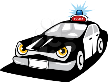 Black and white police car cartoon character with flashing siren and police sign on the roof for justice design