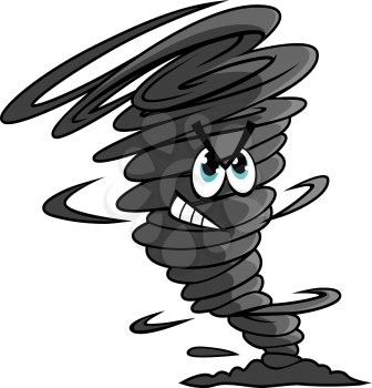 Danger dark gray tornado funnel cartoon character encircled by a cloud of dust at the narrow end for weather or mascot design