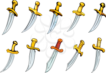 Adorned vintage daggers or poniards with golden handles and sharp blades in cartoon style for t-shirt or tattoo design