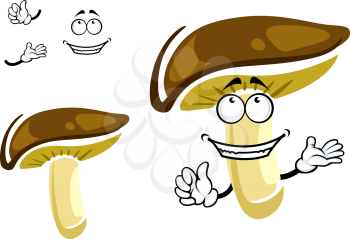Cheerful fresh shiitake mushroom cartoon character with a convex brown cap and smooth stipe isolated on white background
