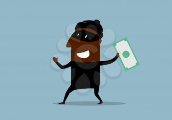 Happy african american thief in mask and costume with stolen dollar bill in hand. Cartoon flat style