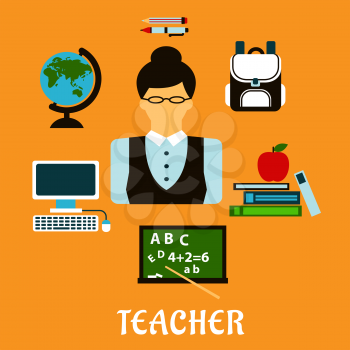 Teacher profession flat concept with woman in glasses surrounded by school supplies icons such as schoolbag, blackboard, desktop computer, globe, pen, pencil, books and apple