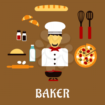 Baker profession flat concept with man in toque, pizza, baguette, croissants, milk, eggs, dough, chopping board, cutlery, salt, pepper and pot