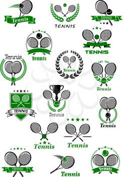Tennis club or tournament cup emblems with balls, crossed rackets and trophy cup adorned with heraldic shield, laurel wreaths, ribbon banners and stars