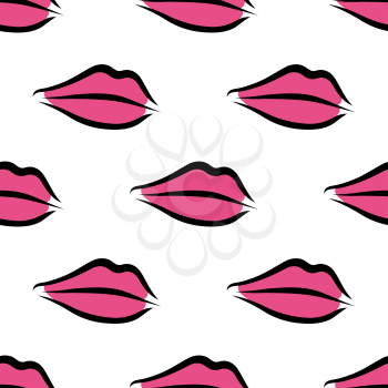 Lips kisses seamless pattern with retro stylized hot pink womens mouths on white background for textile design