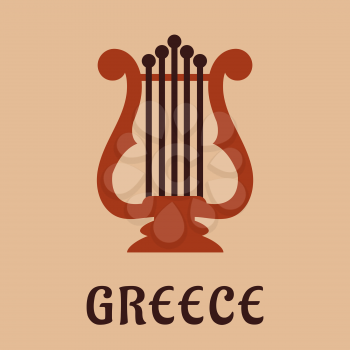 Ancient greek classic lyre icon in flat style showing musical string instrument with caption Greece below
