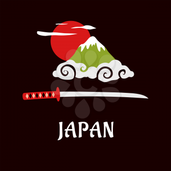 Japan traditional symbols concept in flat style with sacred Fuji mountain in curly white cloud at sunrise, red sun and katana samurai sword below with caption Japan