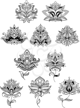 Indian flowers in ethno style with intricate curved petals adorned paisley ornamental elements for lace embellishment or romantic decoration design