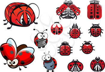 Ladybugs, ladybirds and beetles with happy cartoon flying and crawling beetles, abstract glossy ladybirds icons and modern machinery stylized ladybugs with eight cylinder engines