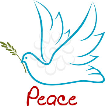 Blue outline symbol of flying dove with raised wings and green twig in beak, for peace or religion concept
