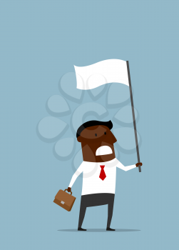 African american businessman with a briefcase waving a white flag of truce or surrender. Cartoon flat style