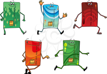 Cartoon modern bank credit cards characters with colorful styled front sides and cheerful faces, for business, sale or advertisement design