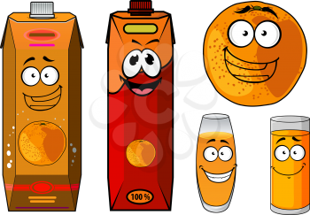 Fresh orange juice cartoon characters with a smiling whole orange fruit, glasses of juice and two bright cartons for food pack design