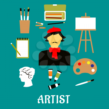 Artist profession flat concept with craftsman in french red beret and neckerchief, paint tubes, paint brushes, pencils, chalks, sketchbook, palette, easel and sculpture icons
