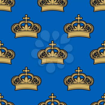 Golden royal crowns with ornate floral decorations and cross on the top seamless pattern on blue background, for luxury textile or interior design