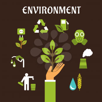 Conservation and environment flat concept with a human hand holding green tree surrounded by bio fuel, recycling, green energy, pollution, industry, emissions icons