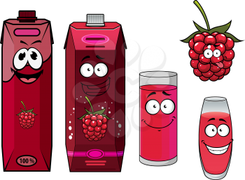 Healthy natural raspberry juice cartoon characters with happy raspberry, red cardboard juice packs and filled glasses for natural drinks design
