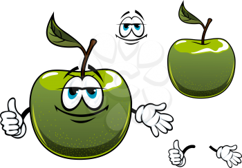 Green apple fruit cartoon character with leaf show thumb up, isolated on white background