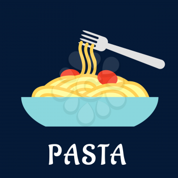 Bowl of healthy Italian pasta with tomatoes and a fork on a blue background with the word Pasta below