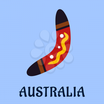 Australia country and travel flat icon with a colorful boomerang decorated ethnic ornament on a blue background with text Australia