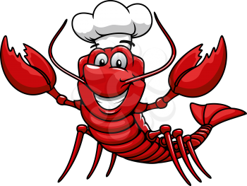 Happy cartoon red lobster chef mascot character with white uniform toque cap. For restaurant or seafood design