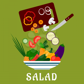Salad preparation flat design with  bowl of fresh cucumbers, bell and chili peppers, tomato, carrot, broccoli, onion, eggplant, chopping board with knife and sliced vegetables above