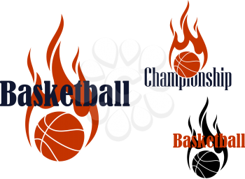 Basketball game emblems or symbols with black and orange flaming balls and curved blaze in tribal style