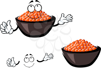 Red caviar cartoon character in brown ceramic bowl filled lightly salted salmon roe and pensive smiling face