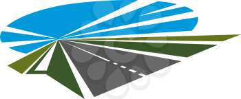 Tarred highway icon with green roadsides and blue sky disappearing into the distance to vanishing point, for transportation or travel concept