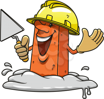 Cartoon happy brick professional mason character with trowel in hand wearing yellow construction helmet and gloves, standing in mortar