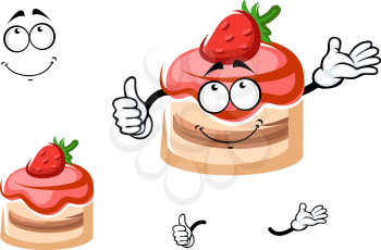 Delicious cartoon strawberry dessert character, topping with fresh fruit and pink berry glaze and showing thumb up gesture, for pastry shop design