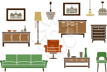 Household furniture and interior flat icons with a couch, vintage chair and armchair, wooden chests of drawers, artworks, floor lamp and light fittings