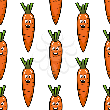 Cartoon fresh carrot vegetables with toothy smiles seamless pattern on white background for nutrition or farming design