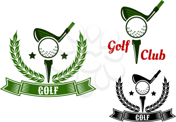 Golf club emblems or logo design with golf clubs ready to hit balls from tees adorned stars, laurel wreaths and ribbon banners