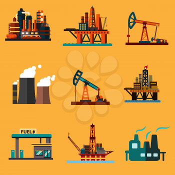 Petroleum industry icons in flat style with offshore oil platforms, oil pump jacks, oil refinery plants, thermal power plant and filling station
