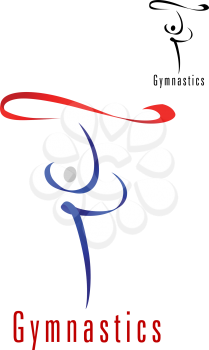 Rhythmic gymnastics emblem or symbol design with abstract blue silhouette of dancing gymnast with red ribbon