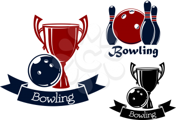 Bowling competition or sporting club emblems with bowling balls, ninepins and trophy cups, supplemented by ribbon banners