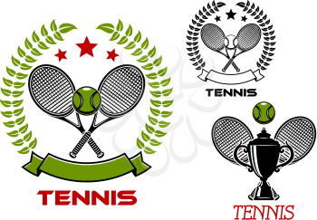 Tennis tournament emblems or badges designs with crossed rackets, balls and trophy cups framed by laurel wreaths, ribbon banners and stars