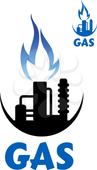 Natural gas factory with flare stack and pipeline complex of chemical or oil refinery plant and blue flame, for industrial design