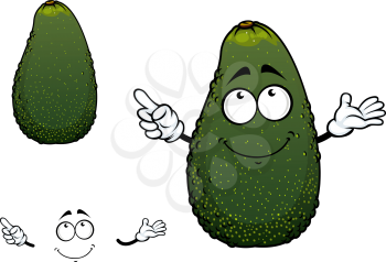 Tropical avocado fruit cartoon character with dark green skin and slight neck for agriculture or healthy vegetarian food design